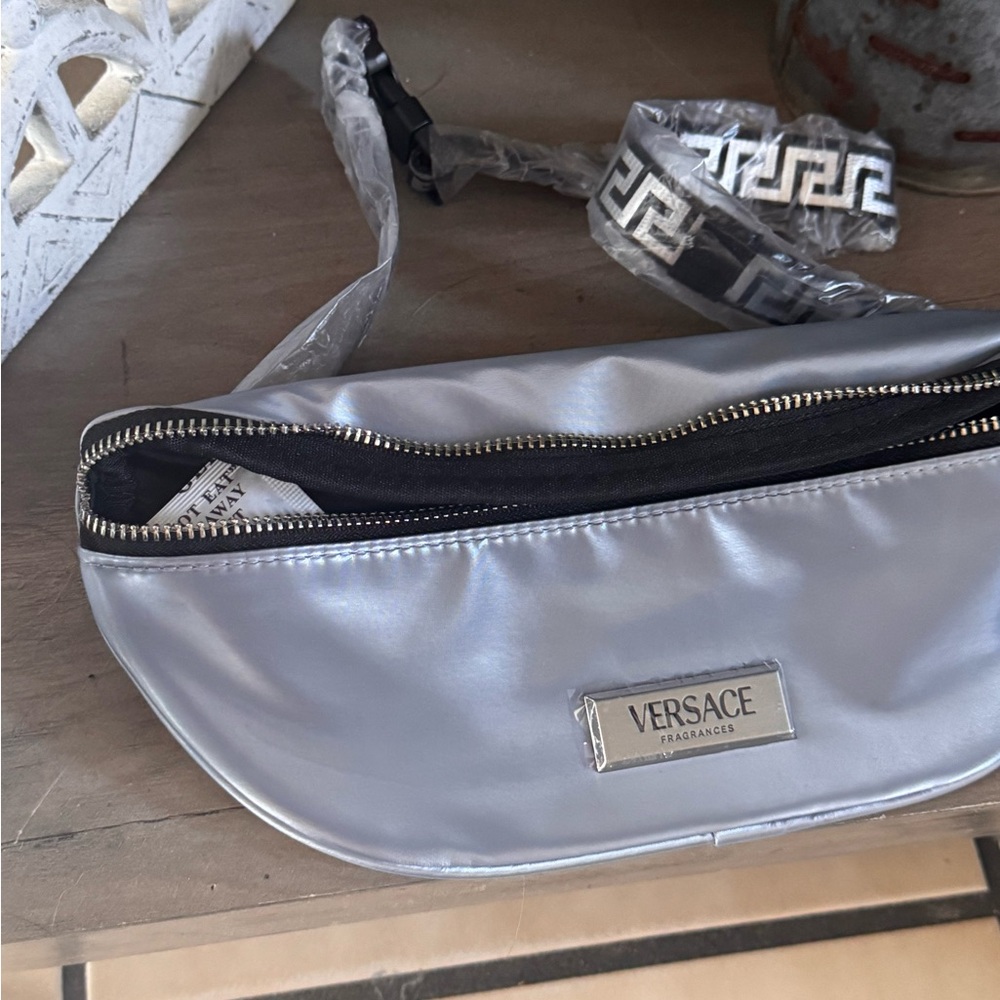 Versace Silver Metallic Fragances  Belt Pouch with Black Interior